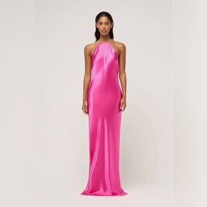 Michael Lo Sordo Satin Halter Maxi Dress in Hot Pink
